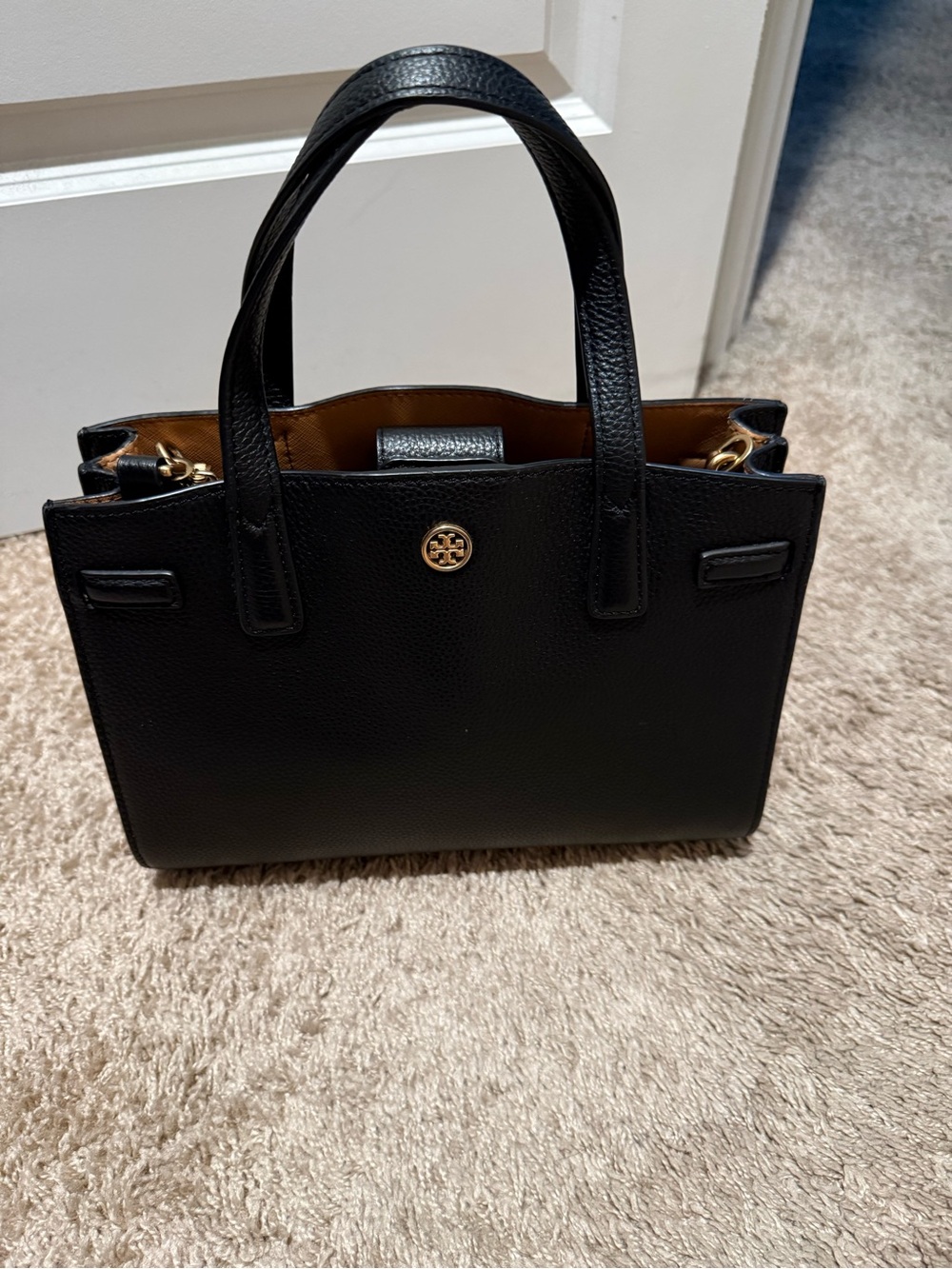 Tory Burch Black Pebbled Leather Satchel with Gold Logo